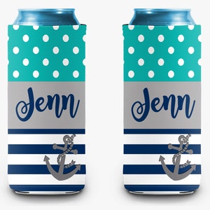 Anchor Can Cooler Navy Stripe Aqua Polka Dot Personalized Can Cooler Sleeve
