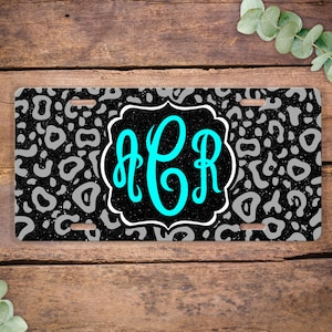 Faux Black Glitter Leopard Animal Print License Plate , Monogram Vanity License Plate