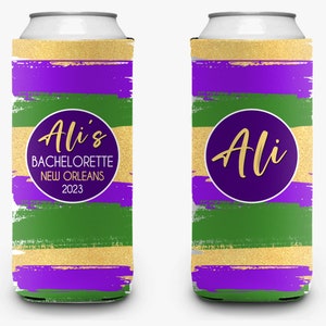 Bachelorette Party Can Cooler Mardi Gras Bridal Party New Orleans Theme Personalized Can Cooler Sleeve