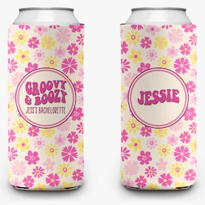 Bachelorette Party Can Cooler Groovy Boozy Theme Pink Flower Power Retro Bridal Party Theme Personalized Can Cooler Sleeve