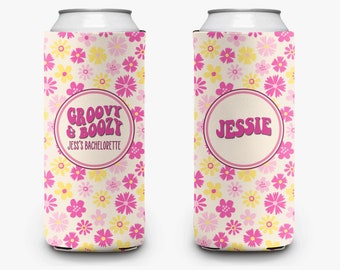 Bachelorette Party Can Cooler Groovy Boozy Theme Pink Flower Power Retro Bridal Party Theme Personalized Can Cooler Sleeve