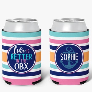 Family Vacation Life is Better Striped Can Cooler Pink Aqua Navy Vacation Personalized Can Cooler Sleeve