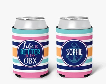 Family Vacation Life is Better Striped Can Cooler Pink Aqua Navy Vacation Personalized Can Cooler Sleeve