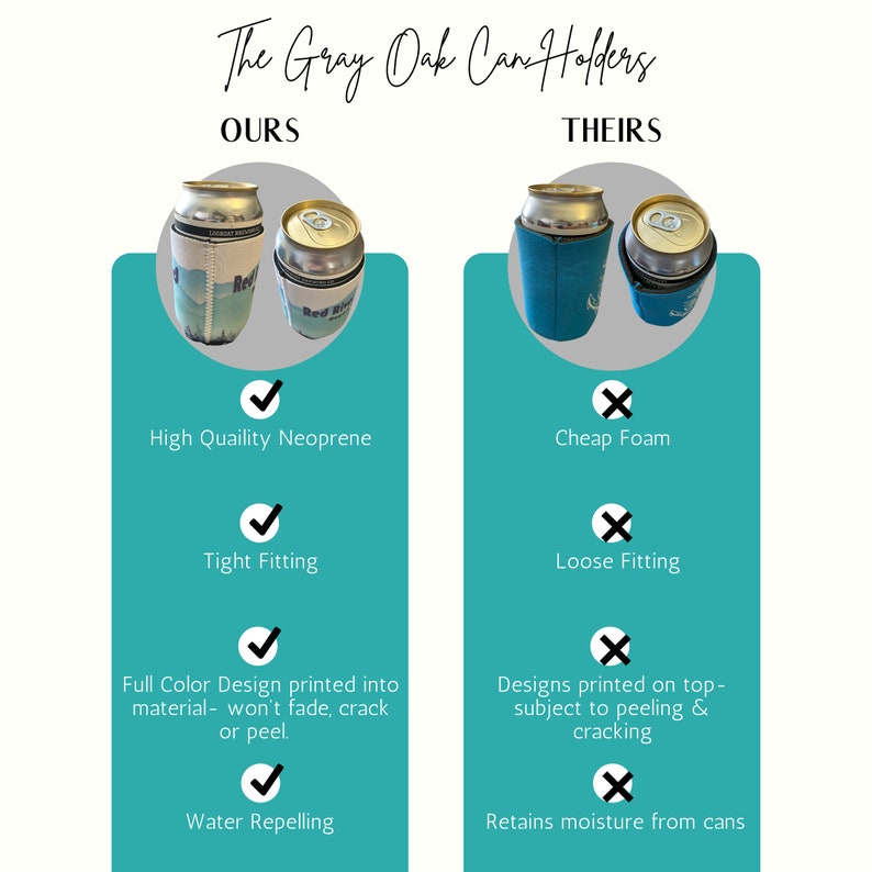 May include: Image comparing Gray Oak can holders to others. The "ours" side shows a can with a blue and white design, highlighting high-quality neoprene, tight fitting, full-color design, and water-repelling features.