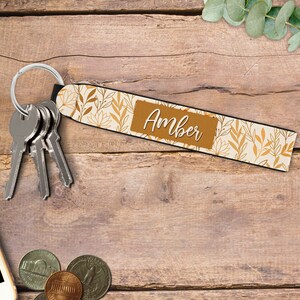 Personalized Wristlet Keychain, Tan Leaves Floral Key Fob, Custom Keychain