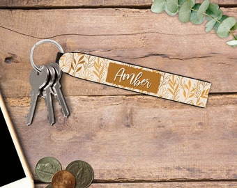 Personalized Wristlet Keychain, Tan Leaves Floral Key Fob, Custom Keychain