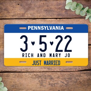 Pennsylvania Personalized Wedding License Plate, Just Married State Name Wedding Date, State Vanity License Plate Personalized