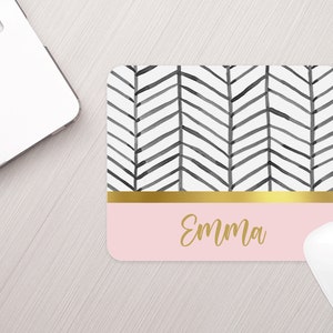 Personalized Mouse Pad Boho Black White Herringbone Pink Gold Personalized Mousepad