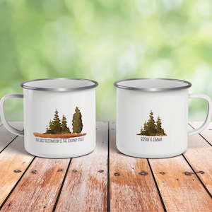 Personalized Adventure Journey Custom Enamel Mug, Watercolor Forest Mug, Personalized Wedding Coffee Mug, Campfire Mug, Newly Wed Mug