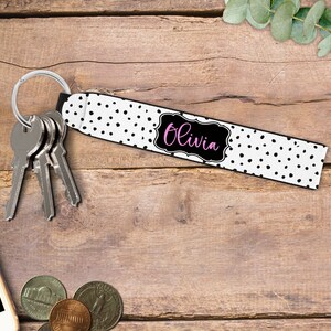 Personalized Wristlet Keychain, White Polka Dot Key Fob, Custom Keychain