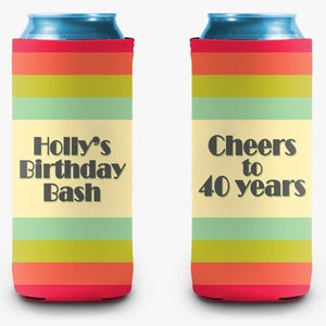 Retro Stripe Birthday Can Cooler Party Huggers Personalized Can Cooler Sleeve