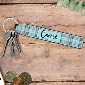 Personalized Wristlet Keychain, Light Blue Plaid Key Fob, Custom Keychain