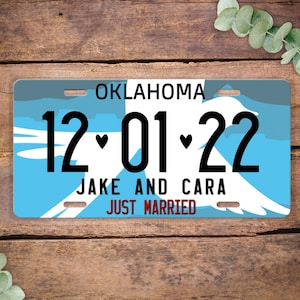 Oklahoma Personalized Wedding License Plate, Just Married State Name Wedding Date, State Vanity License Plate Personalized