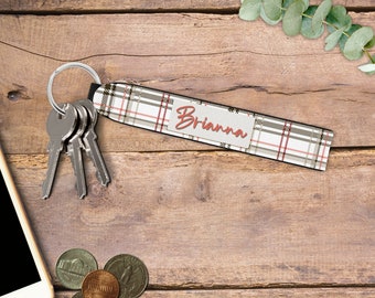 Personalized Wristlet Keychain, White Plaid Key Fob, Custom Keychain