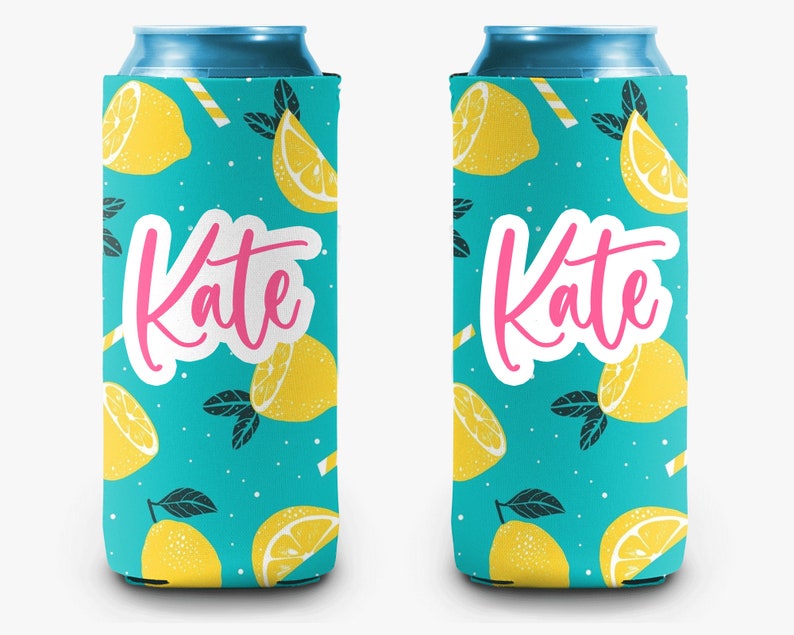 May include: Two teal can coolers with a pattern of yellow lemons and green leaves. The name "Kate" is written in pink script across the front of each cooler. Each cooler has a white border.