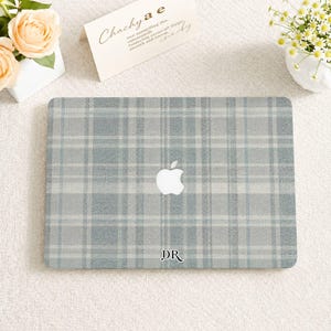 Engraved Initials Retro Gray Blue Checkered Shockproof MacBook Hard Case for MacBook Air 11 13 15 Inch M4 Pro 13 14 15 16 M3 2024/2025