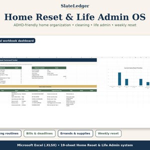 ADHD Friendly Home Reset Planner, Cleaning & Life Admin Tracker, Declutter Routine Excel Spreadsheet
