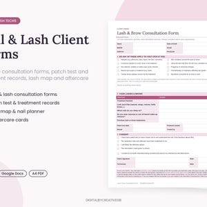 Nail Tech Consultation Form, Lash Tech Client Forms, Patch Test Record, Aftercare Cards, Treatment Record, Editable Beauty Forms UK