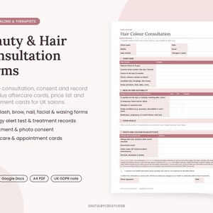 Beauty Consultation Form, Hair Colour Consultation, Lash and Nail Client Forms, Patch Test Record, Aftercare Cards, Editable Word UK
