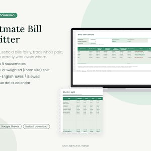 May include: A digital spreadsheet template titled Flatmate Bill Splitter displayed on a laptop screen and a separate document, featuring tables for tracking household expenses, payment status, and individual balances for up to eight housemates.