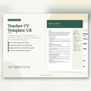 UK Teacher CV Template, Teaching Assistant, Cover Letter, Personal Statement Guide (Word)