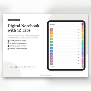 12タブのデジタルノートブック、ハイパーリンク付きセクション、罫線入りドット方眼（PDF）