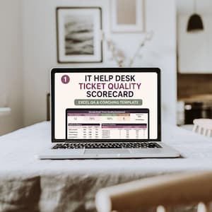 May include: A laptop screen displaying an IT Help Desk Ticket Quality Scorecard Excel QA & Coaching Template. The screen shows a Service Desk Ticket Quality Dashboard with data tables, performance metrics, and a technician summary for the year 2025.