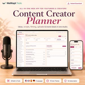 May include: A laptop and smartphone displaying the WellKept Tools Content Creator Planner web app, featuring a dashboard for ideas, scripts, and brand deals. A black microphone stands to the left of the laptop on a wooden surface.