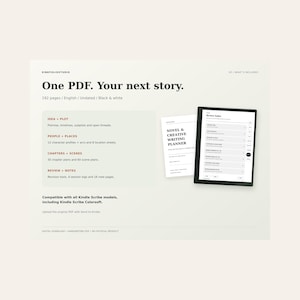 Może przedstawiać: Cyfrowy planer pisarski w formacie PDF zatytułowany One PDF. Your next story. ze 192 stronami, bez daty, czarno-biały. Zawiera sekcje na pomysły, fabułę, postacie, miejsca, rozdziały, sceny, notatki, wyświetlony na ekranie tabletu.