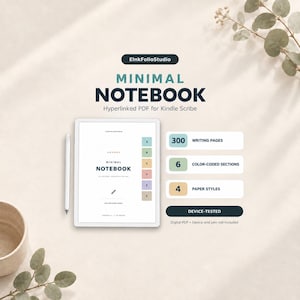 May include: A digital notebook for Kindle Scribe featuring a hyperlinked PDF with 300 writing pages, 6 color-coded sections, and 4 paper styles. The interface displays the text Minimal Notebook, ElnkFolioStudio, and device-tested labels.