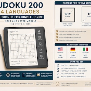 Op de afbeelding: Een digitaal Sudoku-puzzelboek voor Kindle Scribe 10,2-inch en 11-inch modellen. Het scherm toont een Sudoku-raster met de tekst SUDOKU 001 EASY. Bevat 200 puzzels in het Engels, Duits, Italiaans en Spaans met hyperlinked navigatie.