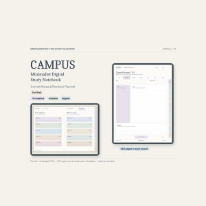Może przedstawiać: Cyfrowy notatnik do nauki o nazwie CAMPUS z notatkami Cornell i planerem powtórek. Wyświetlacz pokazuje dwa ekrany tabletów z zakładkami przedmiotów, niedatowanymi układami i 253 stronami w każdym układzie dla iPadów i aplikacji PDF.