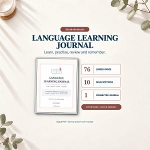 以下が含まれることがあります： Language Learning Journal, Learn, practise, review and rememberというテキストが記載されたデジタル言語学習ジャーナルPDF。76のリンク付きページ、10のメインセクション、1つの接続されたジャーナルが含まれており、ハイパーリンクおよびデバイスフレンドリーとラベル付けされています。