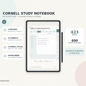 May include: A digital Cornell study notebook for Kindle Scribe featuring 423 pages, 400 Cornell note pages, 10 subjects, 4 styles, and hyperlinked navigation. The display shows a ruled note page with a stylus positioned on the right side.