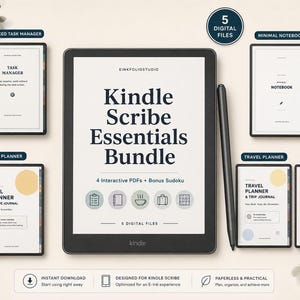 May include: A Kindle Scribe tablet with a stylus, displaying the text Kindle Scribe Essentials Bundle, surrounded by five digital file templates including a task manager, minimal notebook, meal planner, travel planner, and a bonus sudoku puzzle.