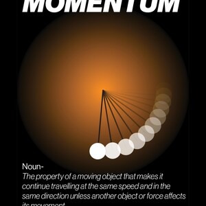Könnte beinhalten: Ein schwarzes Poster mit dem Titel ETHANATTAYLOR MOMENTUM und einem zentralen orangefarbenen Verlaufskreis. Eine weiße Pendelgrafik zeigt Bewegung durch überlappende Kugeln. Der Text definiert Impuls als Eigenschaft eines Objekts.