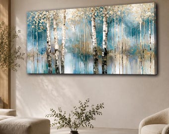 Può includere: Un quadro rettangolare su tela raffigurante una scena boschiva con alti alberi di betulla. Il dipinto utilizza una tavolozza di colori blu profondo, verde acqua e bianco, con accenti dorati sulle foglie e sui tronchi, creando un effetto riflesso.