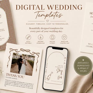 Paquete digital para bodas totalmente editable: invitación, tarjeta de confirmación de asistencia, carta de agradecimiento, menú, tarjeta para reservar la fecha y números de mesa.