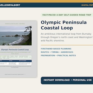 Op de afbeelding: Een digitale PDF-gids getiteld Olympic Peninsula Coastal Loop, met een 4-daagse zelfgeleide roadtrip-route. Het document bevat een foto van een rotsachtige Pacifische kustlijn, routeplanning, tijdschema's, adressen en praktische notities voor een reis van Burnaby door Oregon en Washington.
