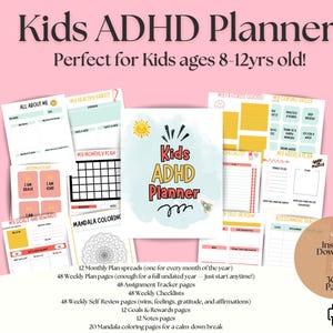 Può includere: Un planner digitale Kids ADHD Planner con una copertina centrale raffigurante un sole e un razzo, circondata da varie pagine interne tra cui All About Me, abitudini sane, piani mensili, tracker dei compiti e pagine da colorare mandala.