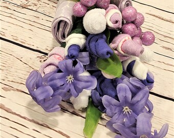 Baby girl sock bouquet, receiving blanket, new mom gift Purple sock flowers