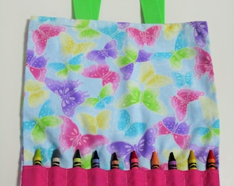 Blue butterfly crayon bag - holds 10 crayons, crayon tote, travel art bag