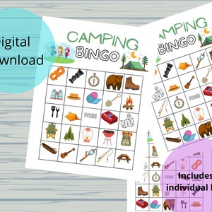 Juego de bingo para acampar, juego de bingo imprimible, juego de fiesta, juego de camping