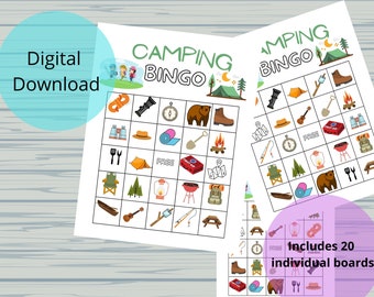 May include: A printable camping bingo game with 20 individual boards. The game features images of camping equipment, such as a tent, a compass, a flashlight, a campfire, a bear, a fishing rod, a guitar, and a pair of hiking boots.