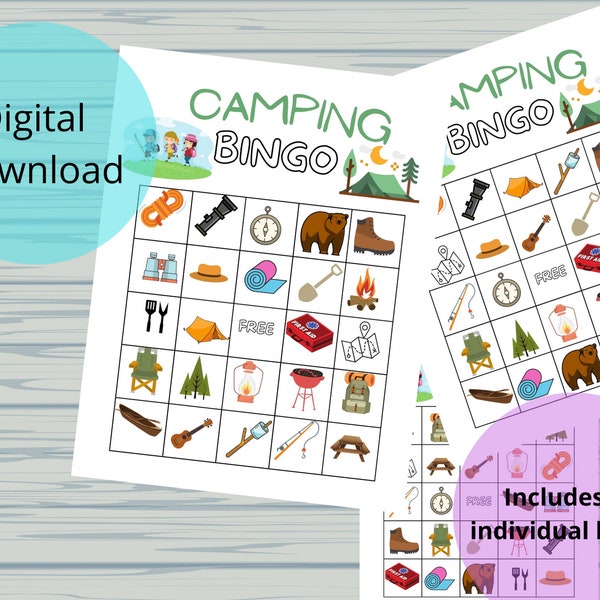 Camping bingo game, printable bingo game, party game, camping game