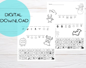 May include: Black and white printable Halloween-themed worksheet with a word search puzzle and a matching game. The worksheet includes images of a ghost, a monster, a witch, a pumpkin, a bat, a spider, and a skull. The word search puzzle includes the letters A through Z. The matching game includes a grid of images and a grid of letters.