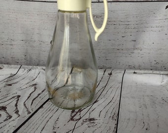 Log Cabin Syrup Pitcher Glass Bottle Eagle Brown Yellow Vintage Kitchen