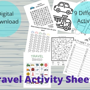 Travel activitie sheets, printable activties sheet, road trip activities