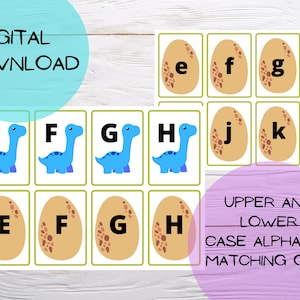 Flashcards alphabet dinosaure, jeu d&#39;association de dinosaures, flashcards majuscules et minuscules, activité éducative