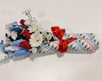 Baby boy sock bouquet, Sale boat recieving blanket, new mom gift